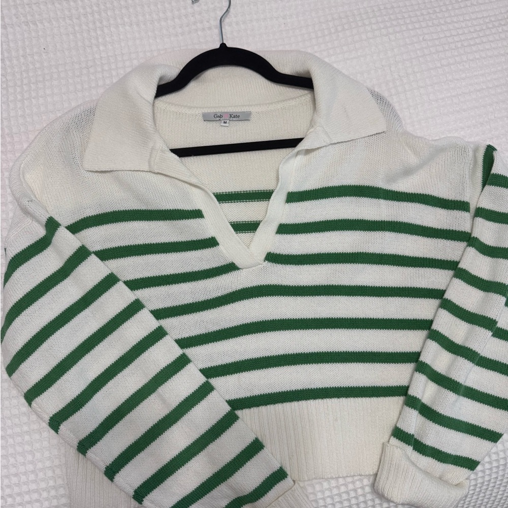 Calvin Klein Striped V-Neck Sweater in Green and White